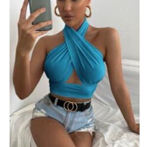 Blue Halter Neck Women Top